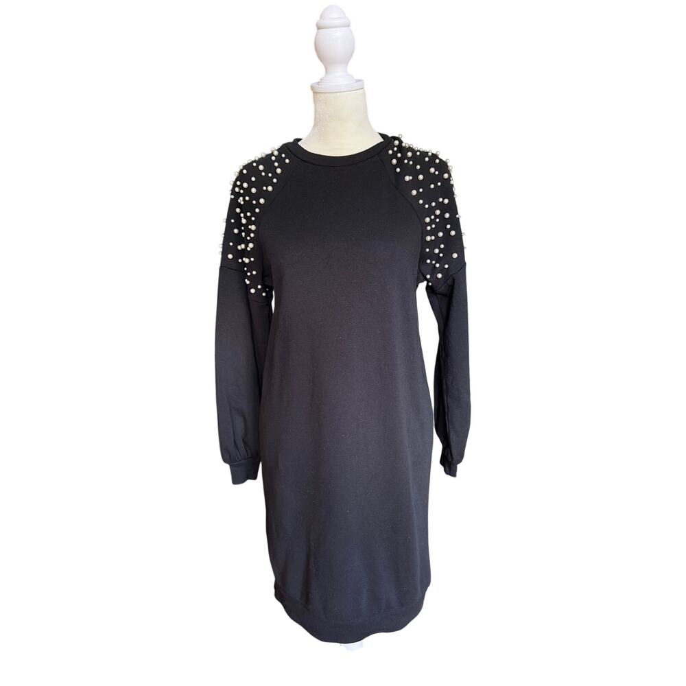 Express XS Embellished Pearl Shoulder Black Sweatshirt Dress Long Sleeve Mini